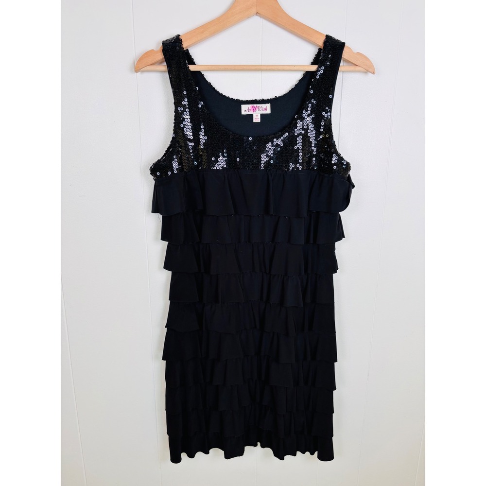 As U Wish Sequin‎ Dress Ruffle Tiered Sleeveless Party Black Medium Flapper